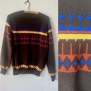 Vintage Cross Print Brown Southwestern Sweater 1980’s South Western Boho Sweater